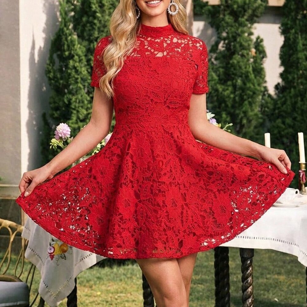 Red Elegant Women's Waist-Cinching A-Line Mini Lace Cocktail Dress